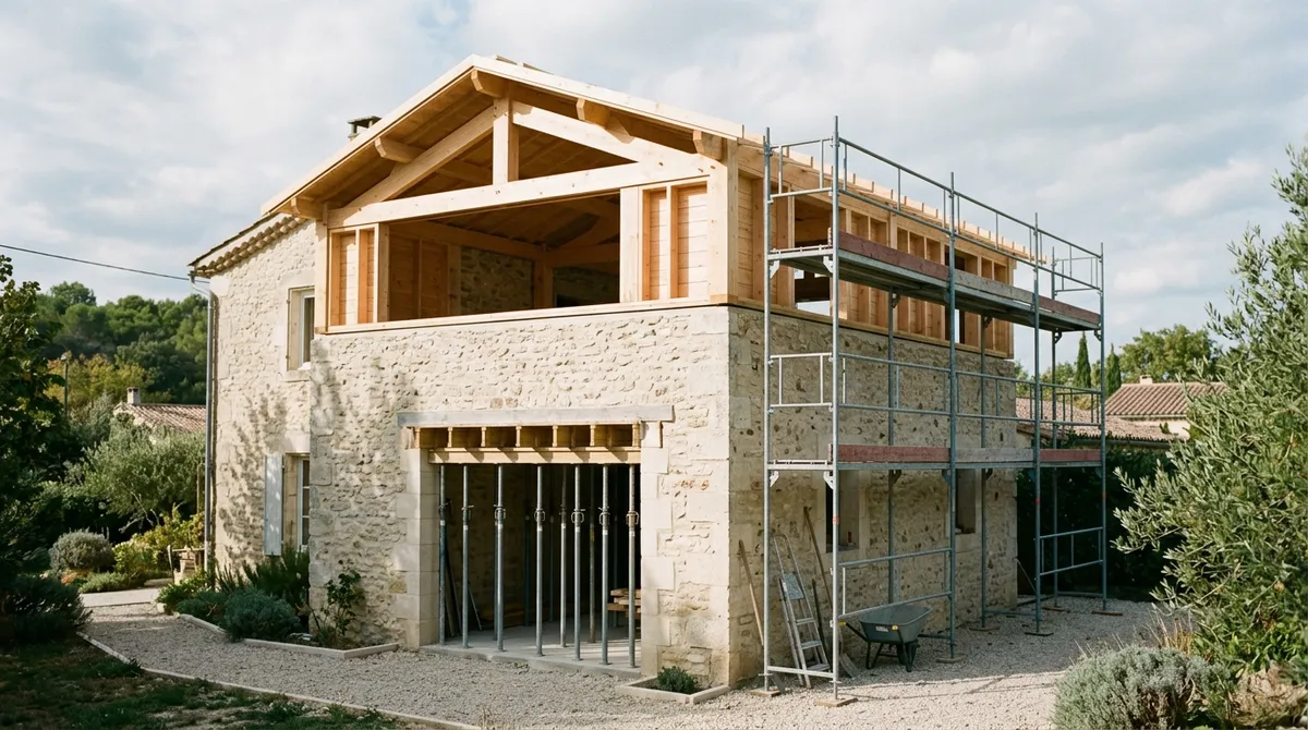 Surélévation en ossature bois sur une maison ancienne étayée